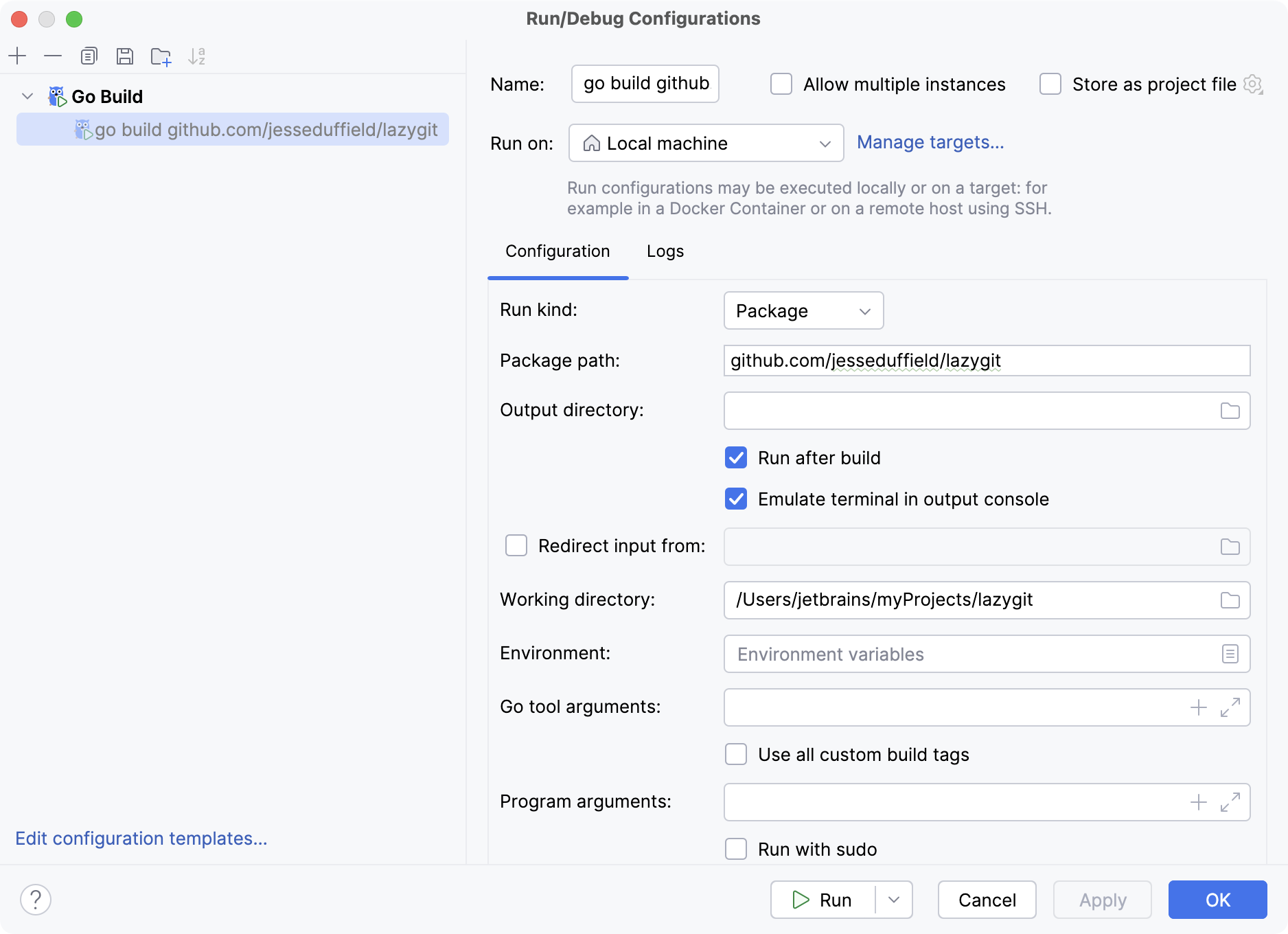 Run/Debug Configuration for Go Build