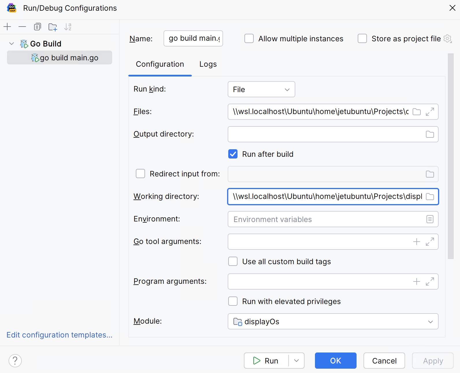 Run configuration