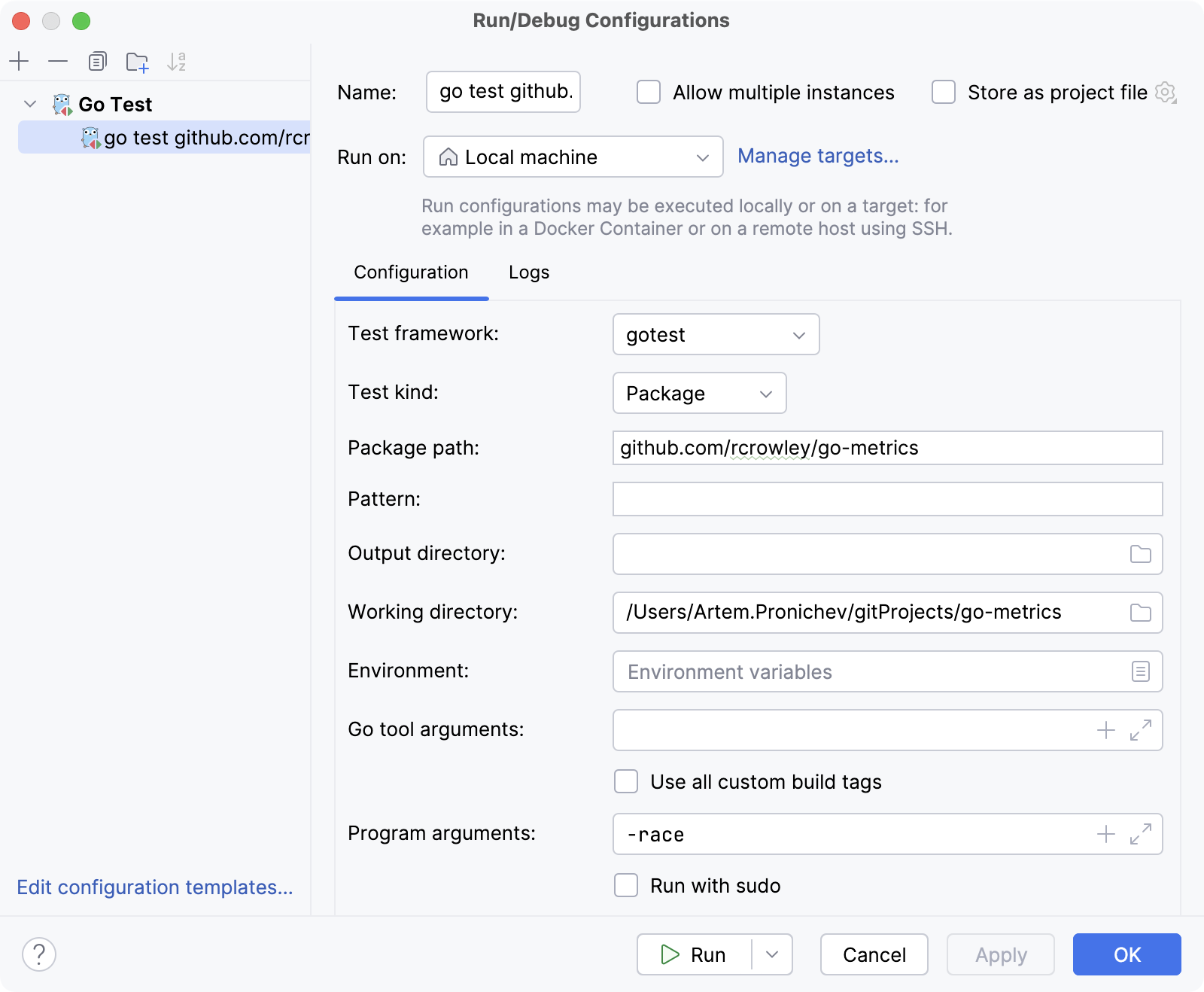 Run tests with test flags