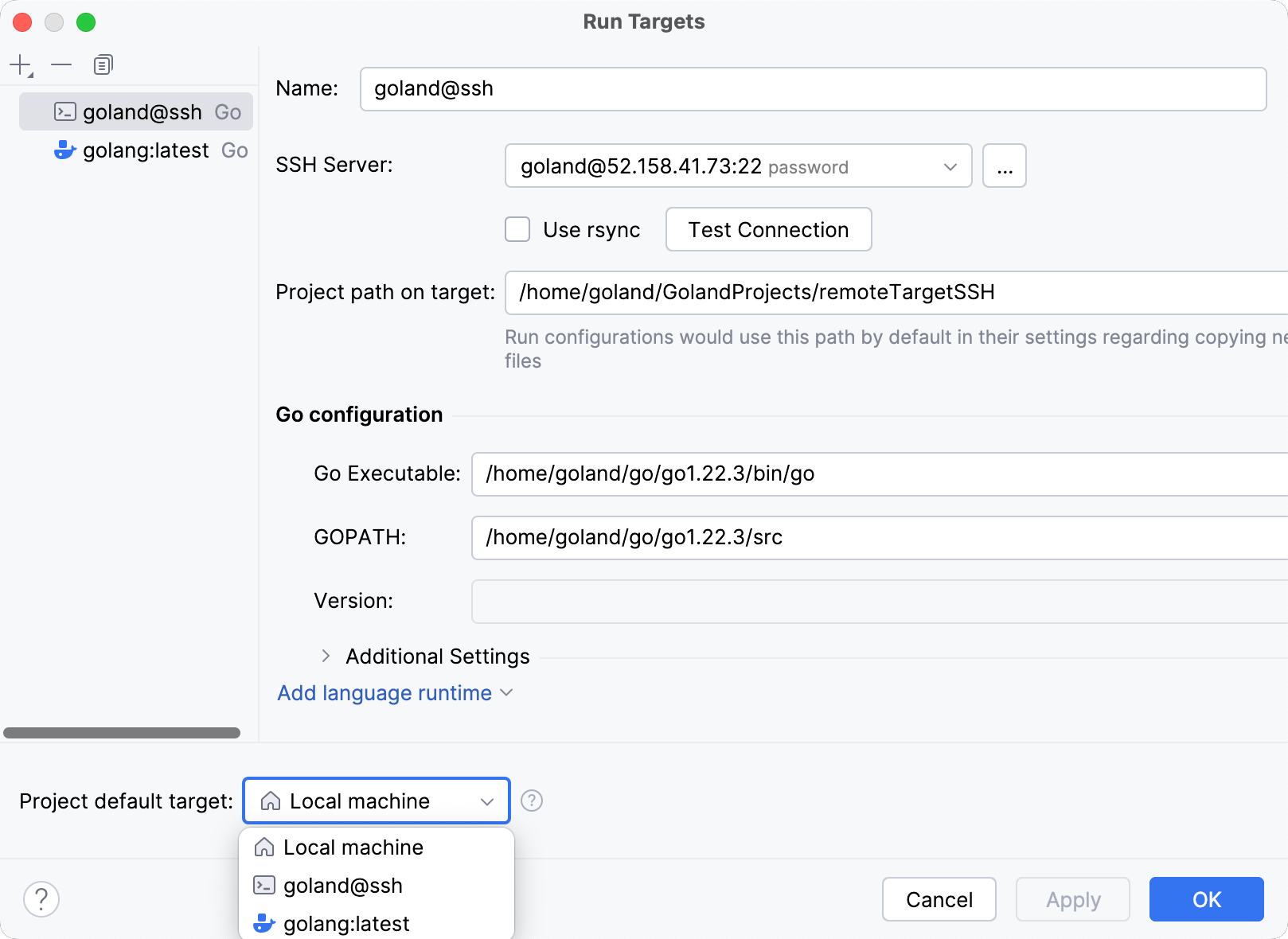 Set a default target for a project