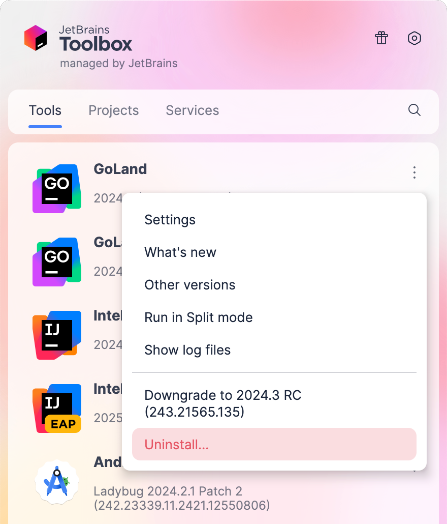 Uninstall GoLand using the Toolbox App