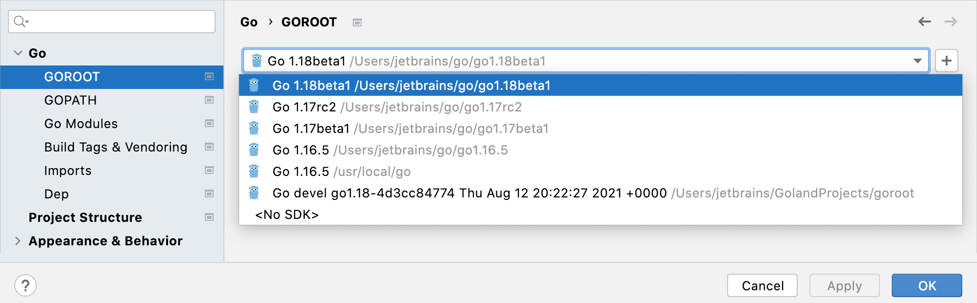 Check the Go version in settings Check the Go version in settings