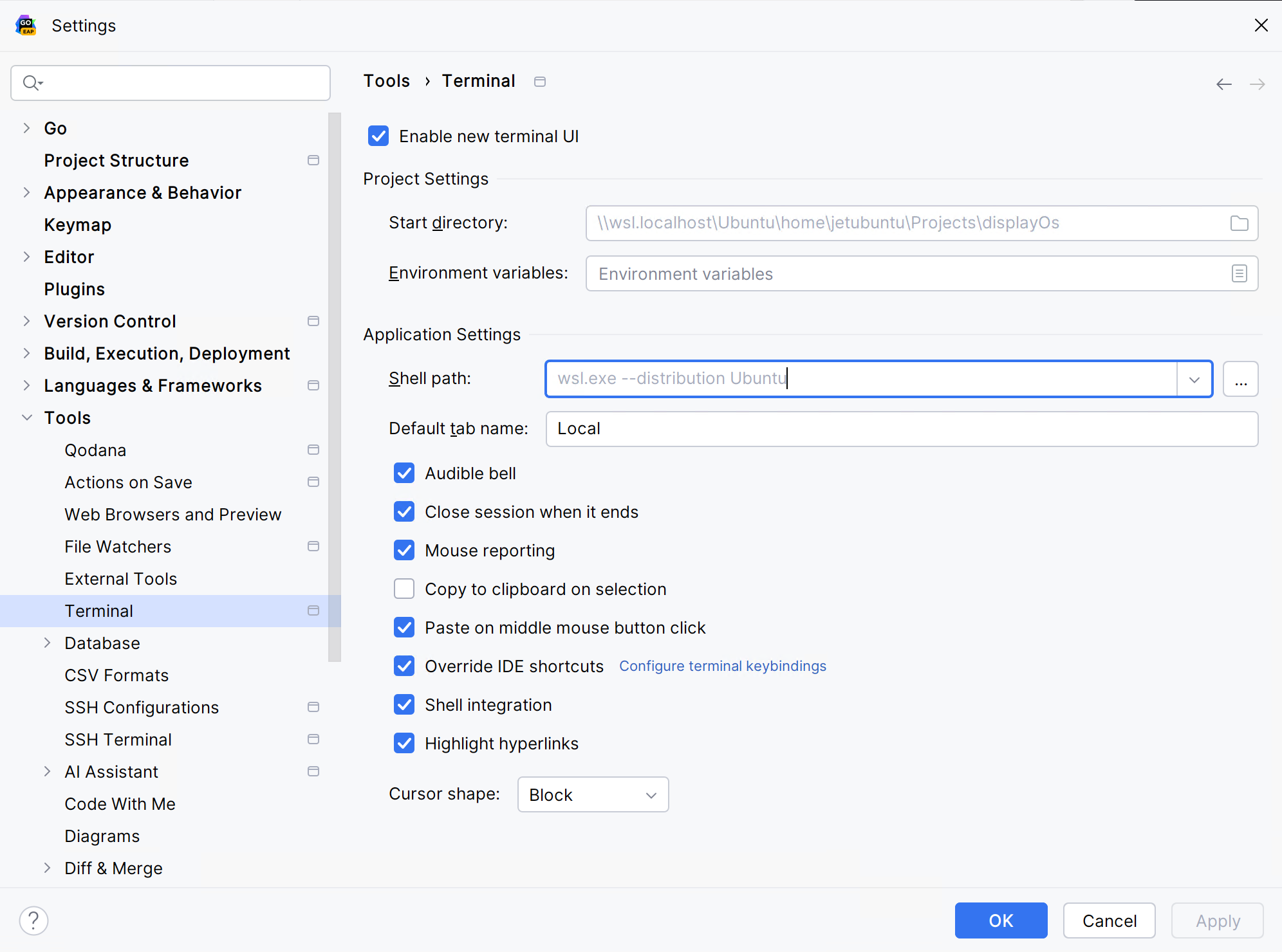 Terminal settings