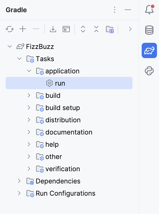 Gradle tool window: run task