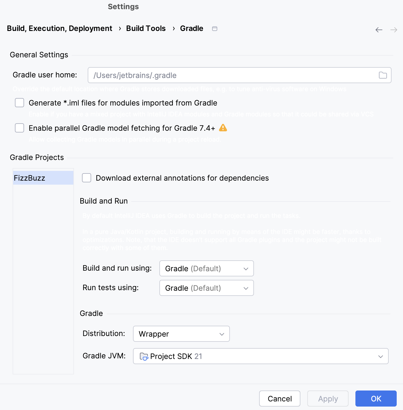 the Gradle settings