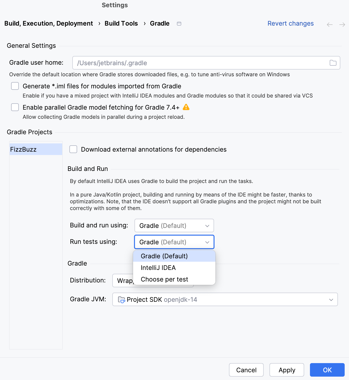 Gradle settings: the Run test using list