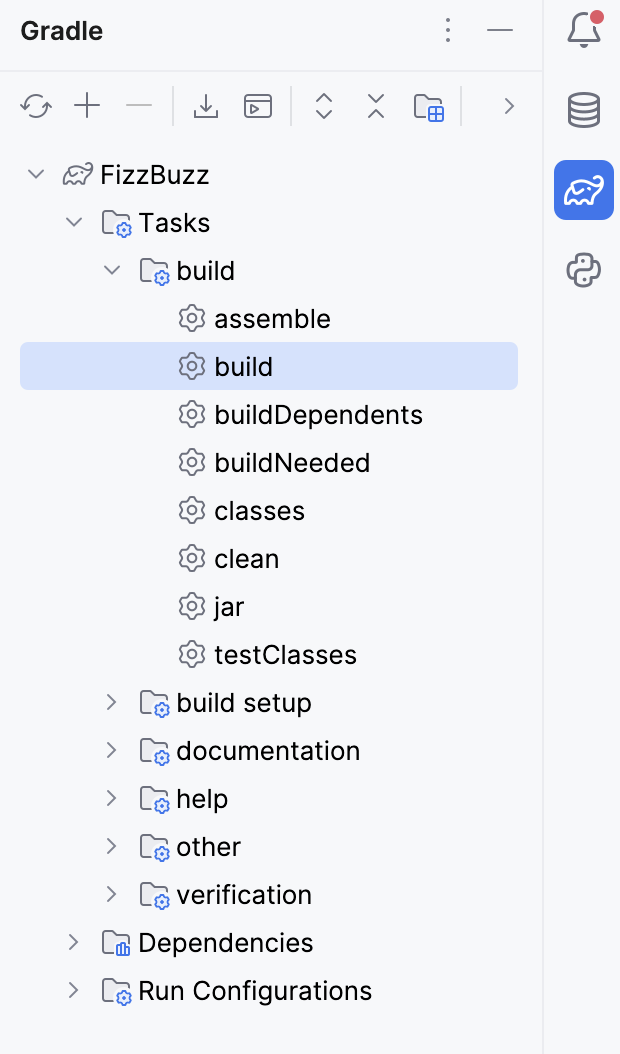 Gradle tool window: build task