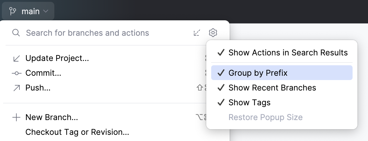 Group by Prefix option in the Branches popup