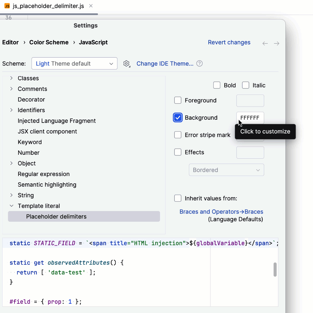 Configure highlighting for placeholder delimiters