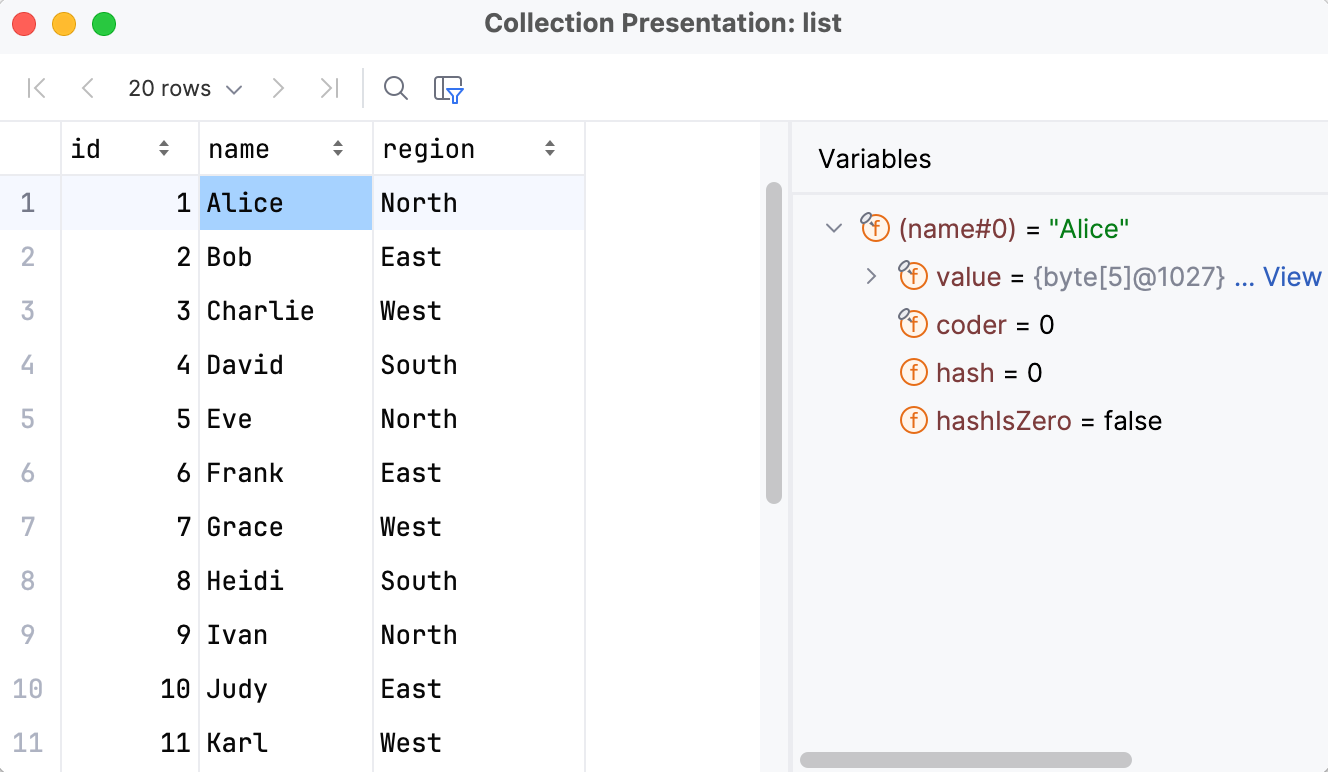 'Collection Presentation' dialog showing entries within a list