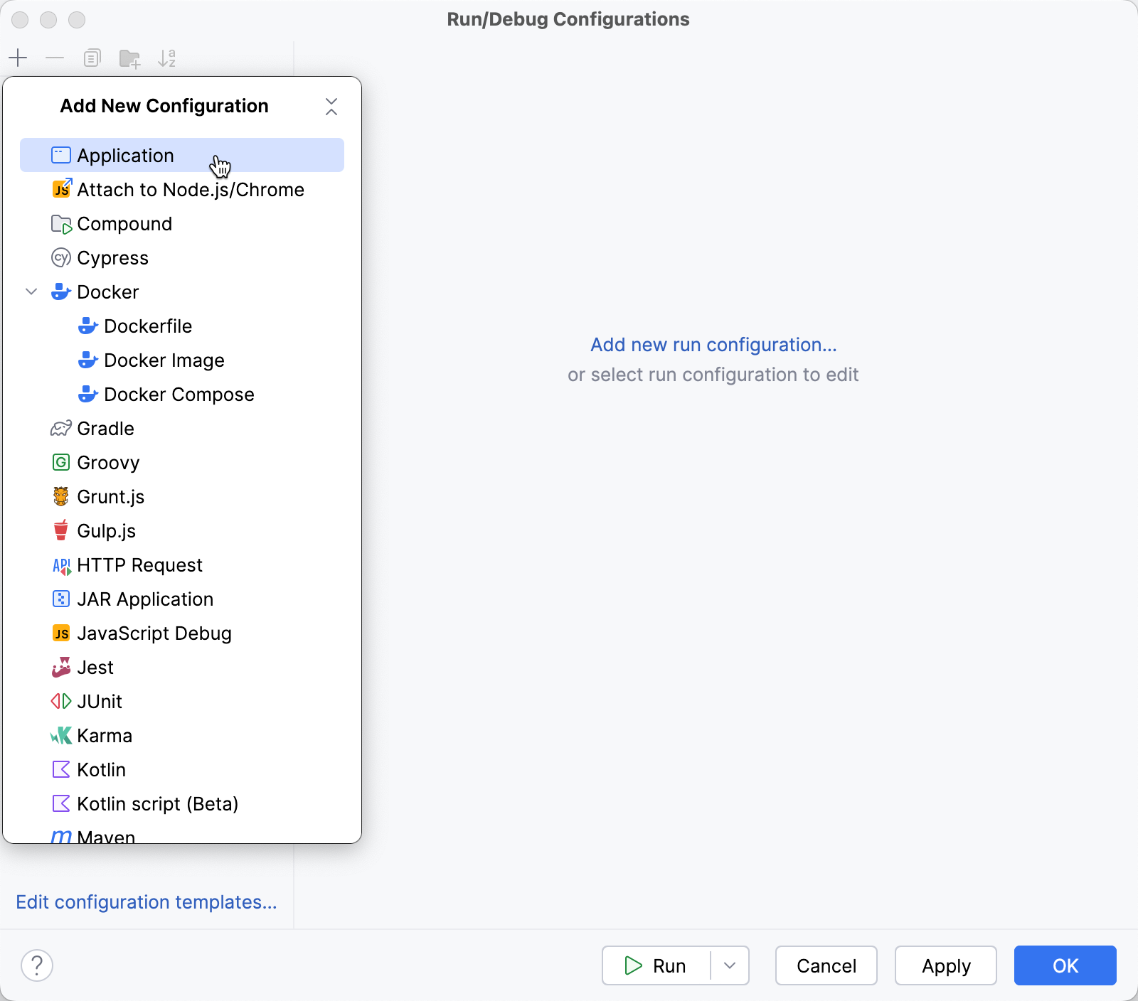 Selecting a new run/debug configuration template