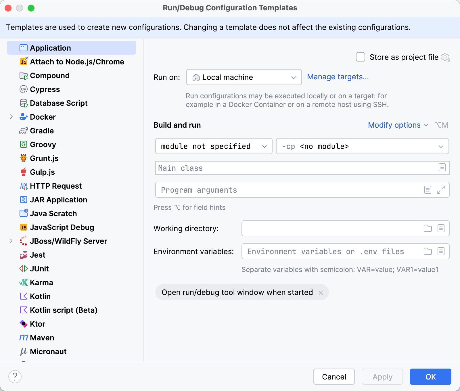 Run/Debug templates