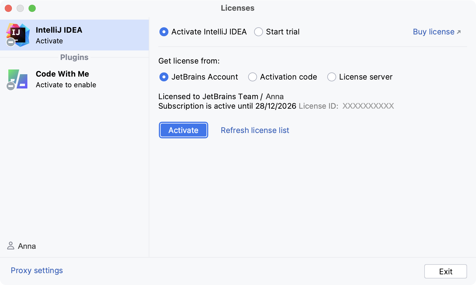 Activate IntelliJ IDEA license with a JB Account. License details.