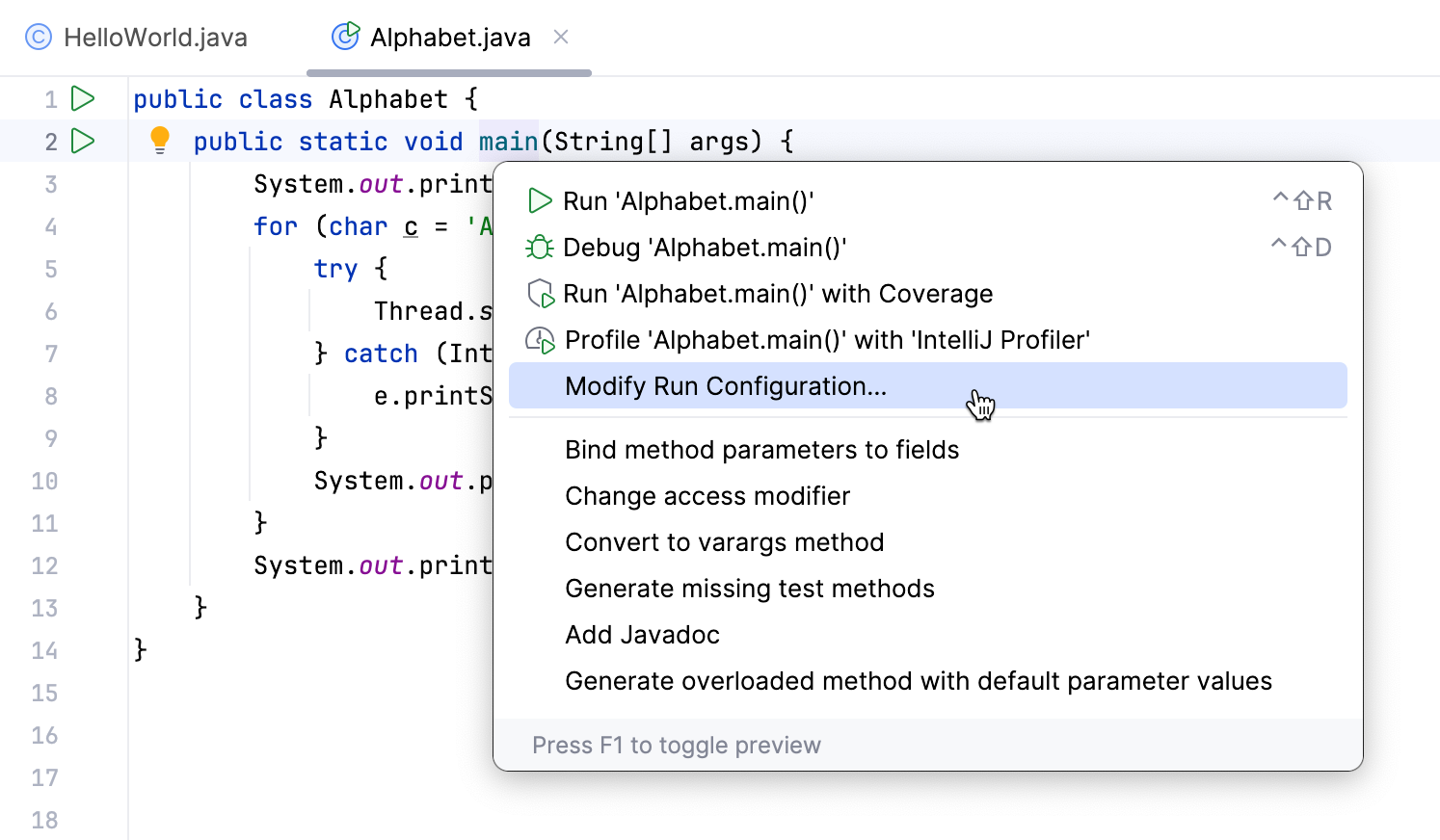 Create run configuration for a class