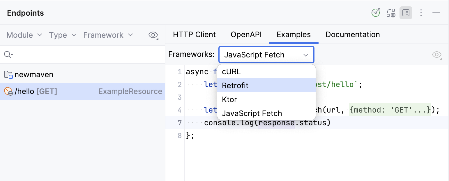 Endpoints tool window: Example tab