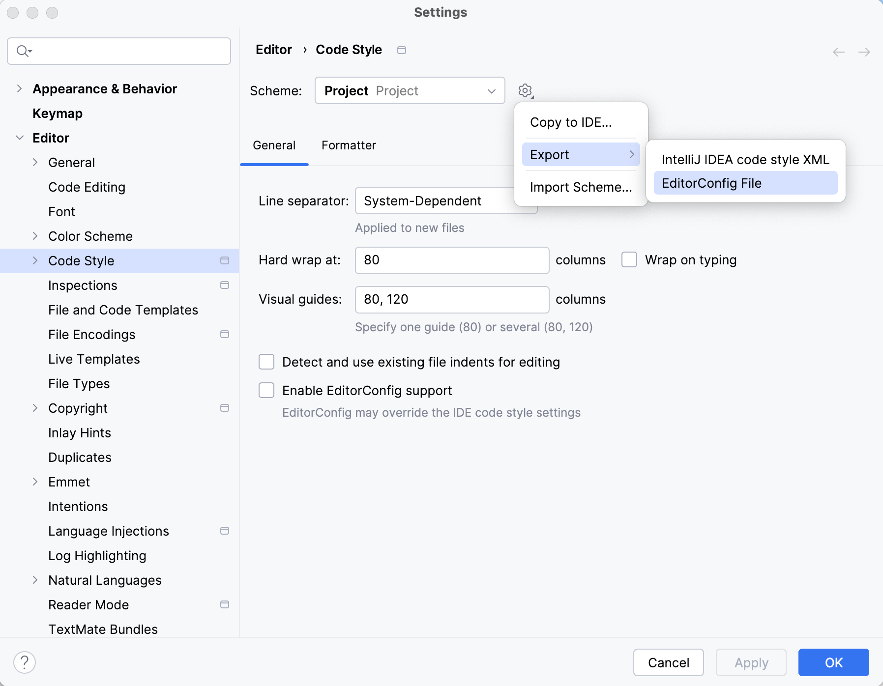 Exporting code style settings as .editorconfig file