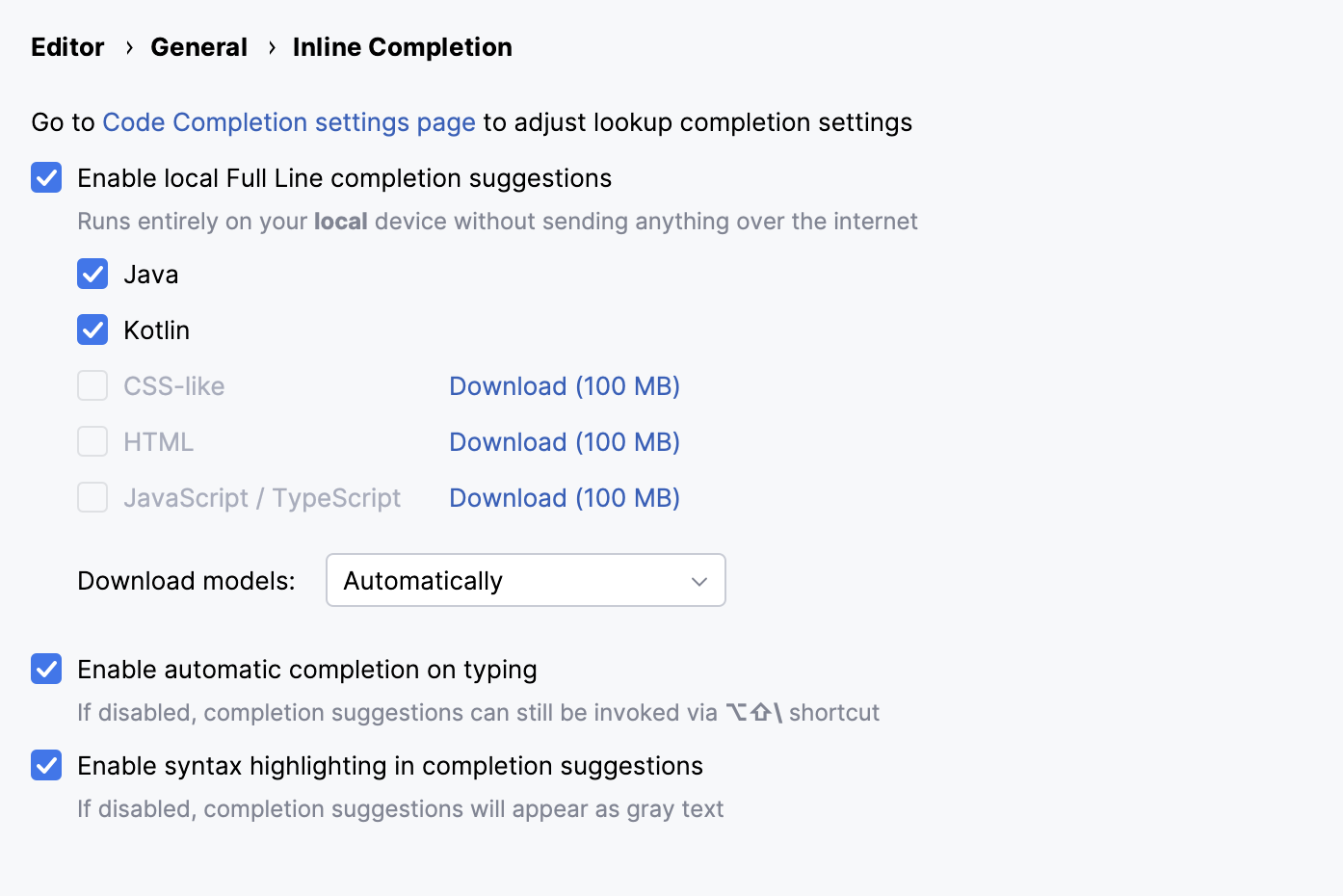 Enabling full line code completion