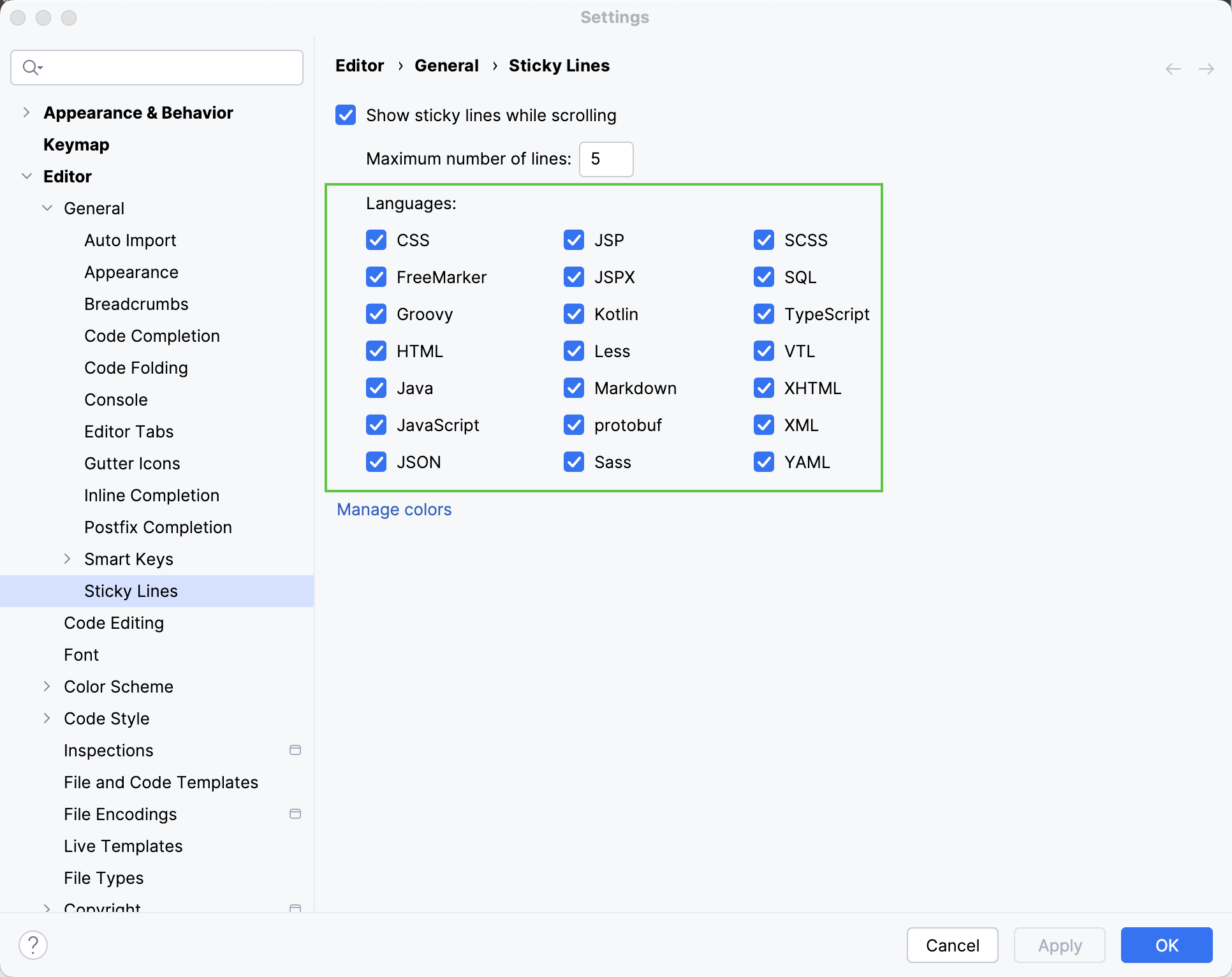 Disable sticky lines for specific language