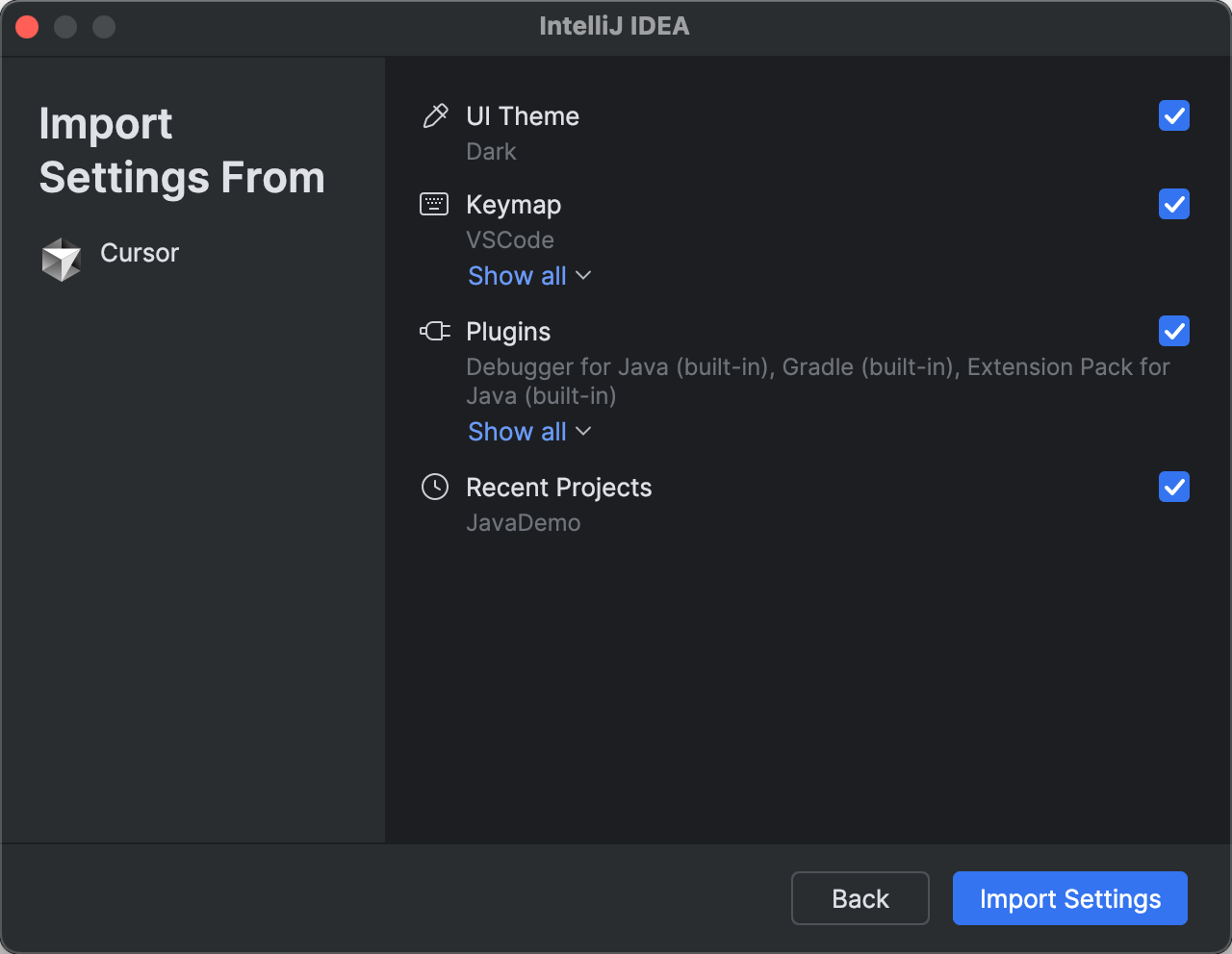 Cursor settings selection