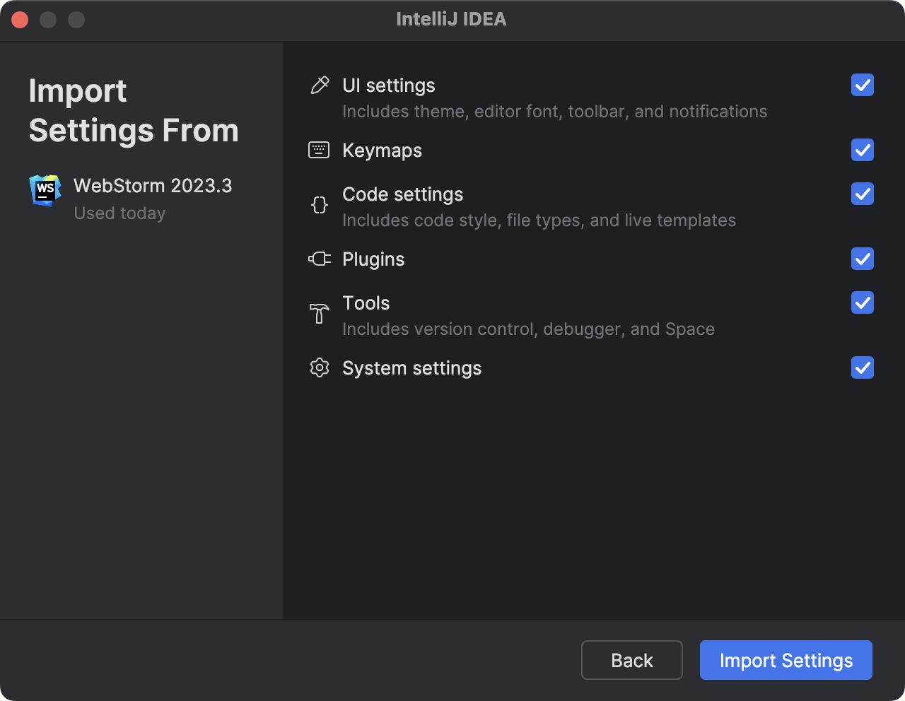 JetBrains IDE settings selection