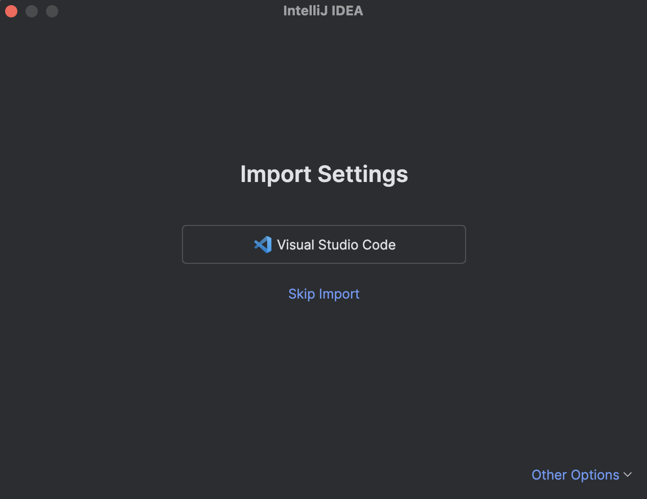 The Import Settings dialog with the cursor on the Visual Studio Code button