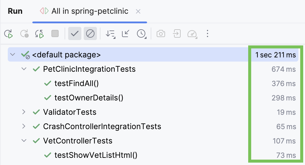 Test statistics shown on the run configuration tab