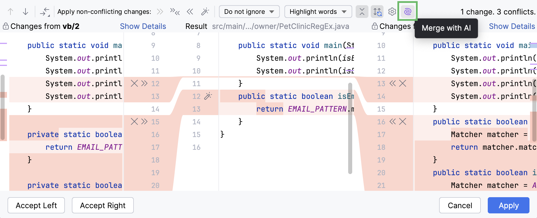 The Merge with AI option in the Merge Revisions dialog