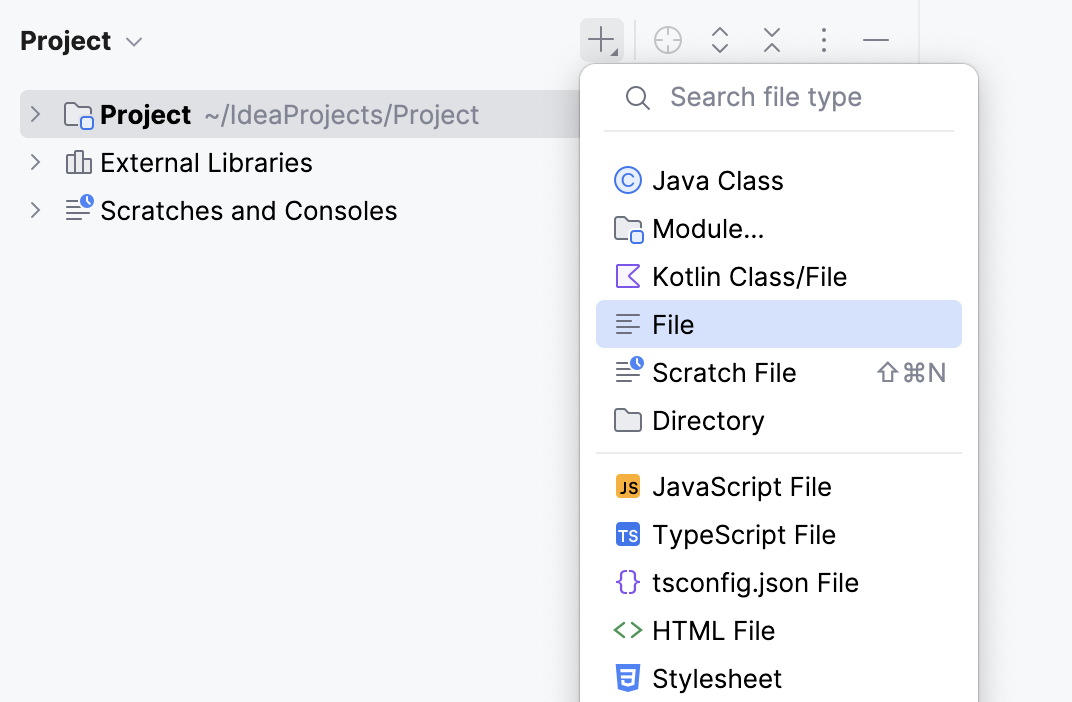 Add files from Project tool window toolbar