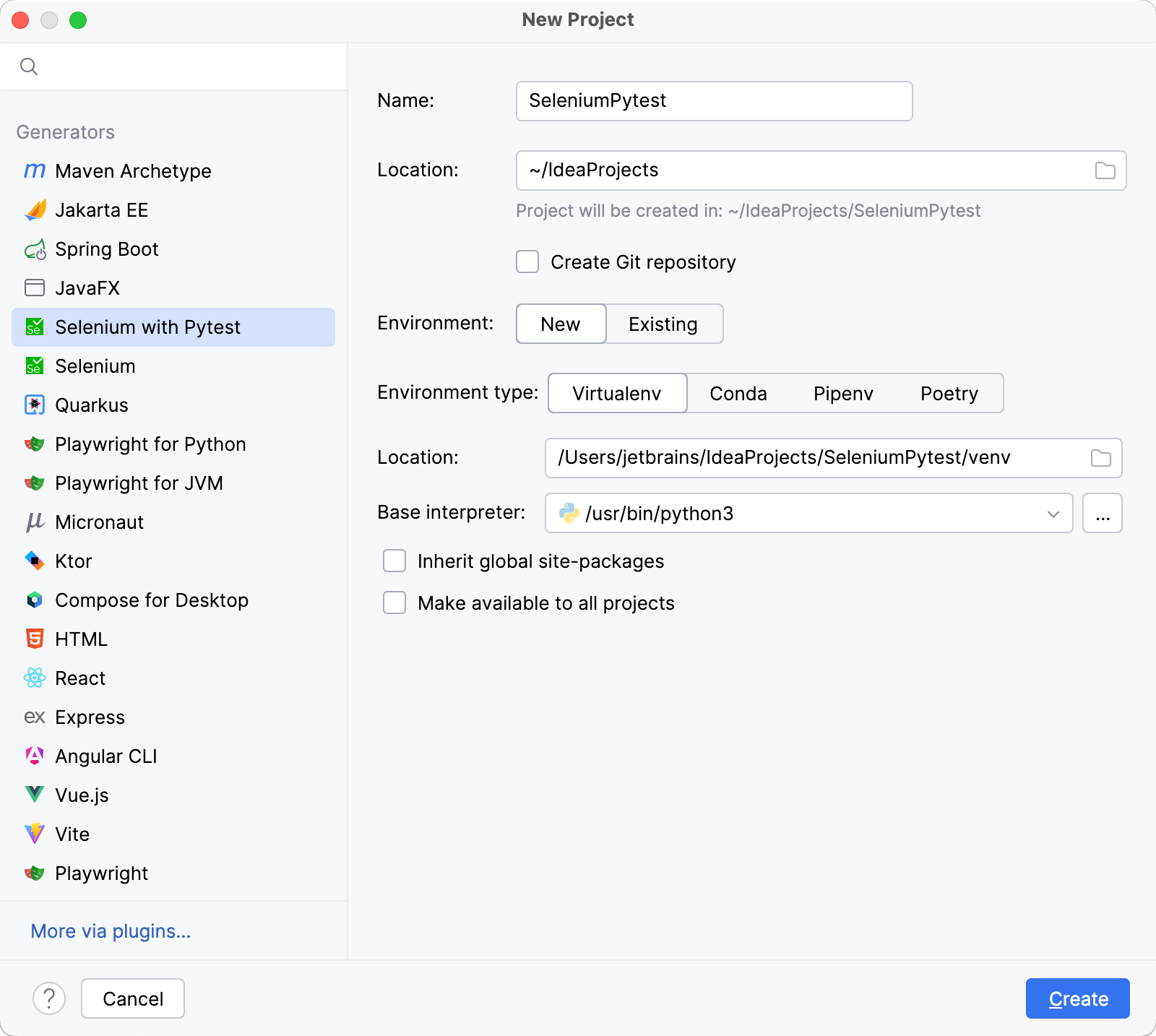 Creating a new Selenium with Pytest project