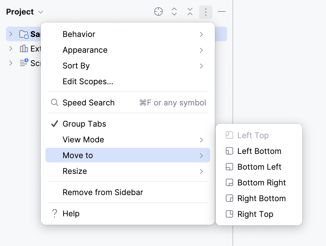 Tool window options menu: Move to