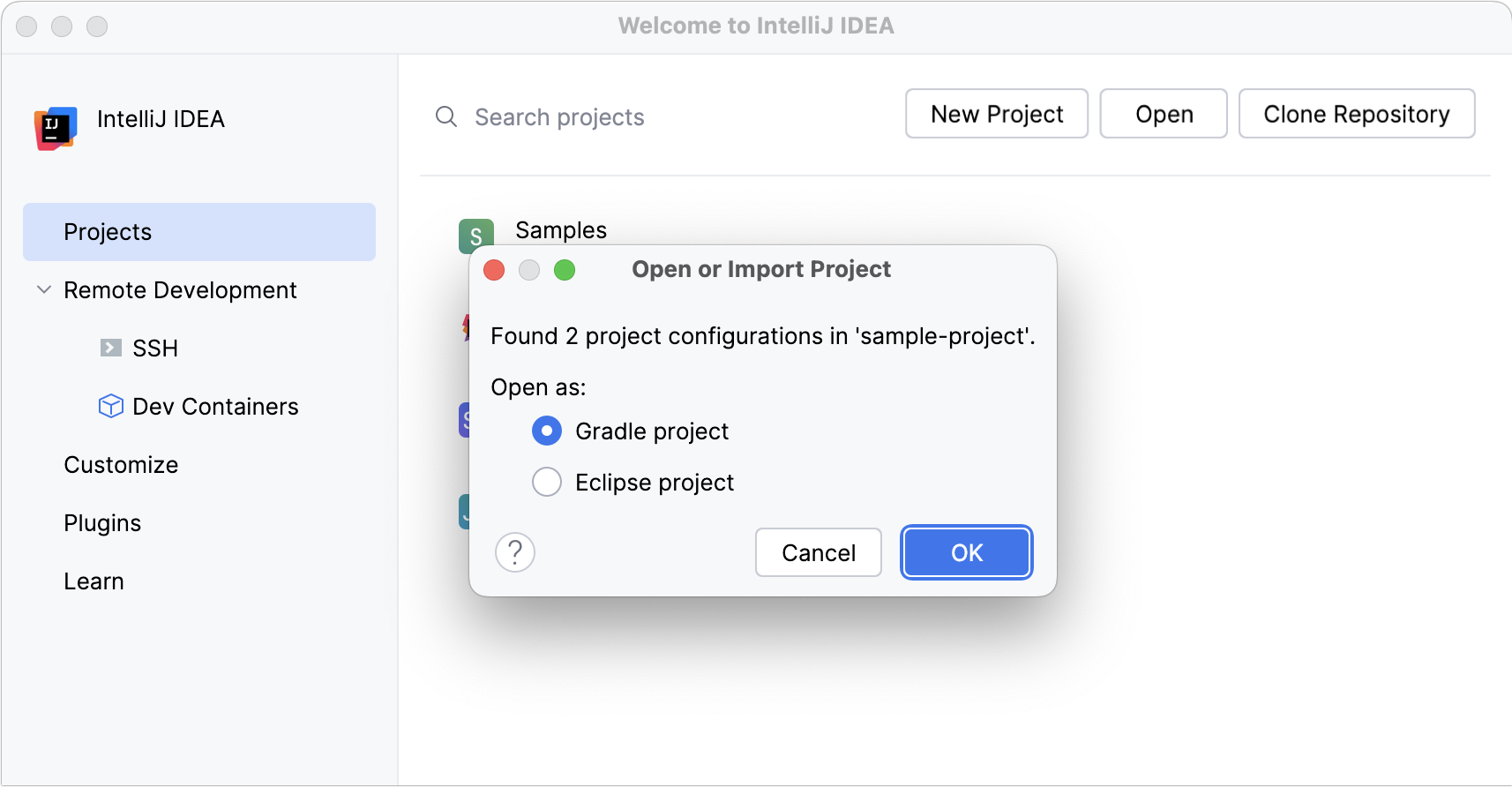 Dialog that prompts you to select how you want to import the project