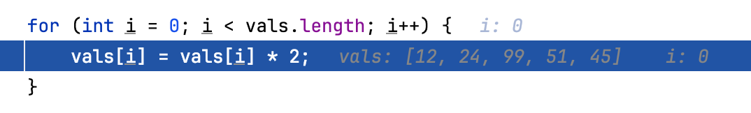 Variable values are displayed at the lines where they are used