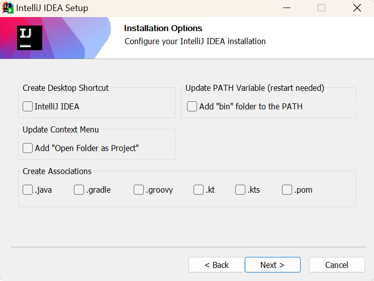 The Installation Options step of the installation wizard