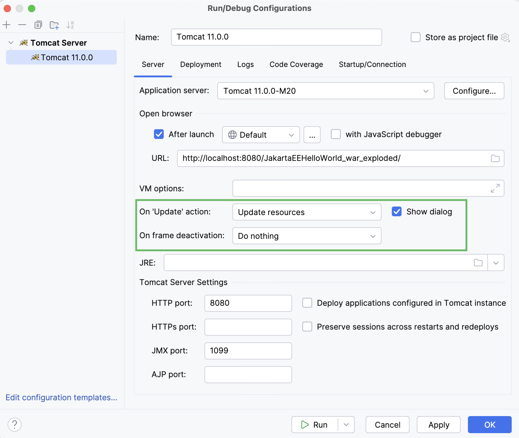 Configure application update actions in the GlassFish run configuration