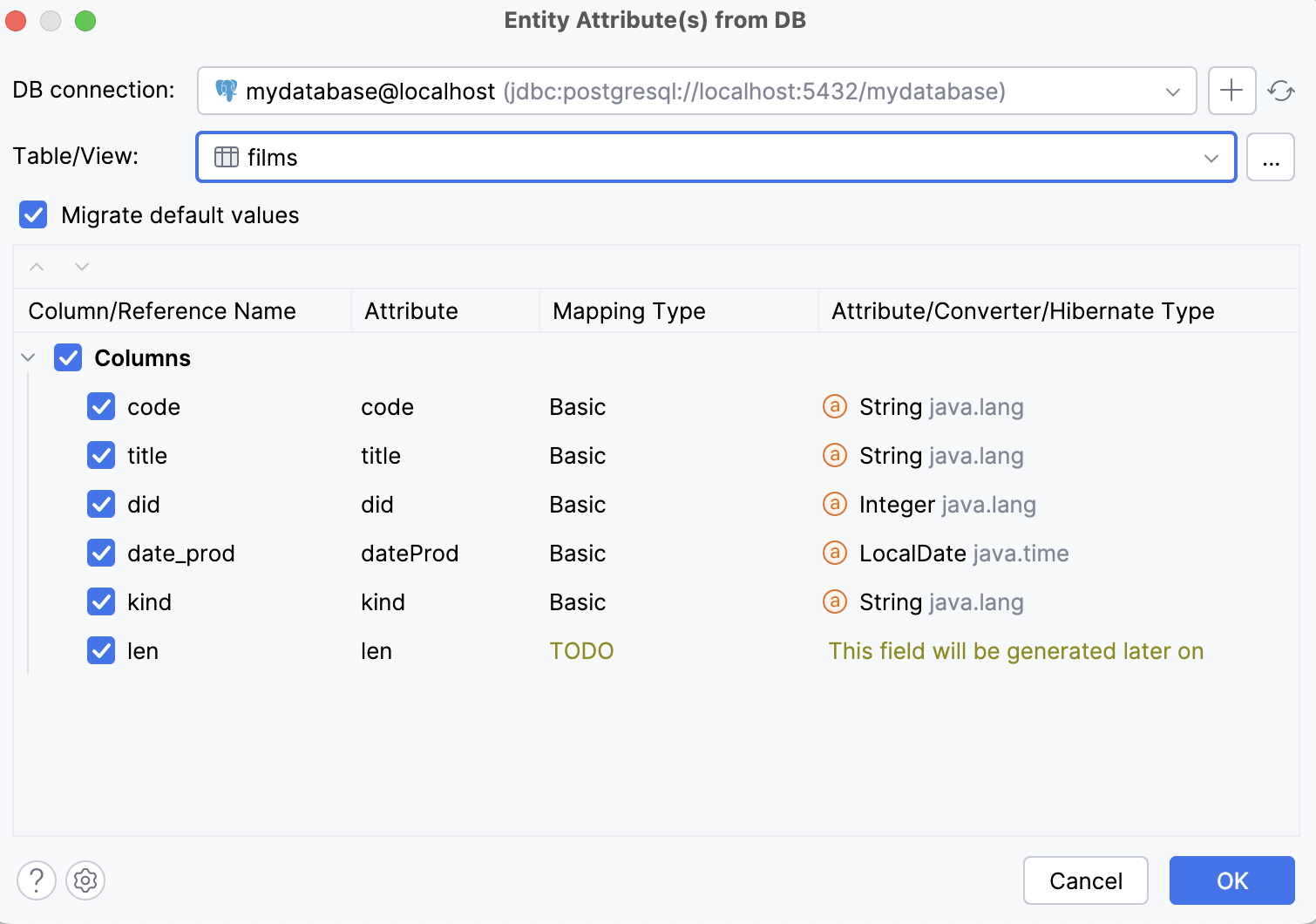 Entity attributes from DB dialog