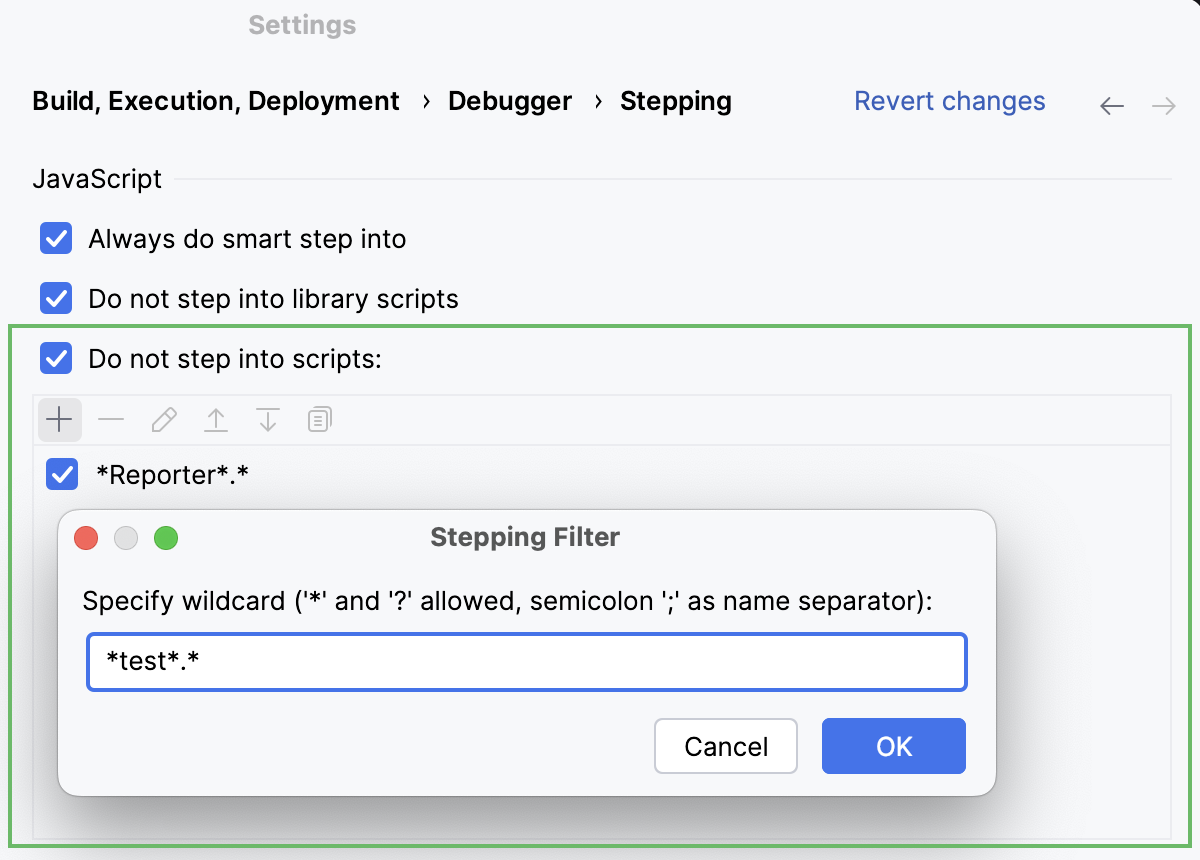 JavaScript debugger: skip scripts