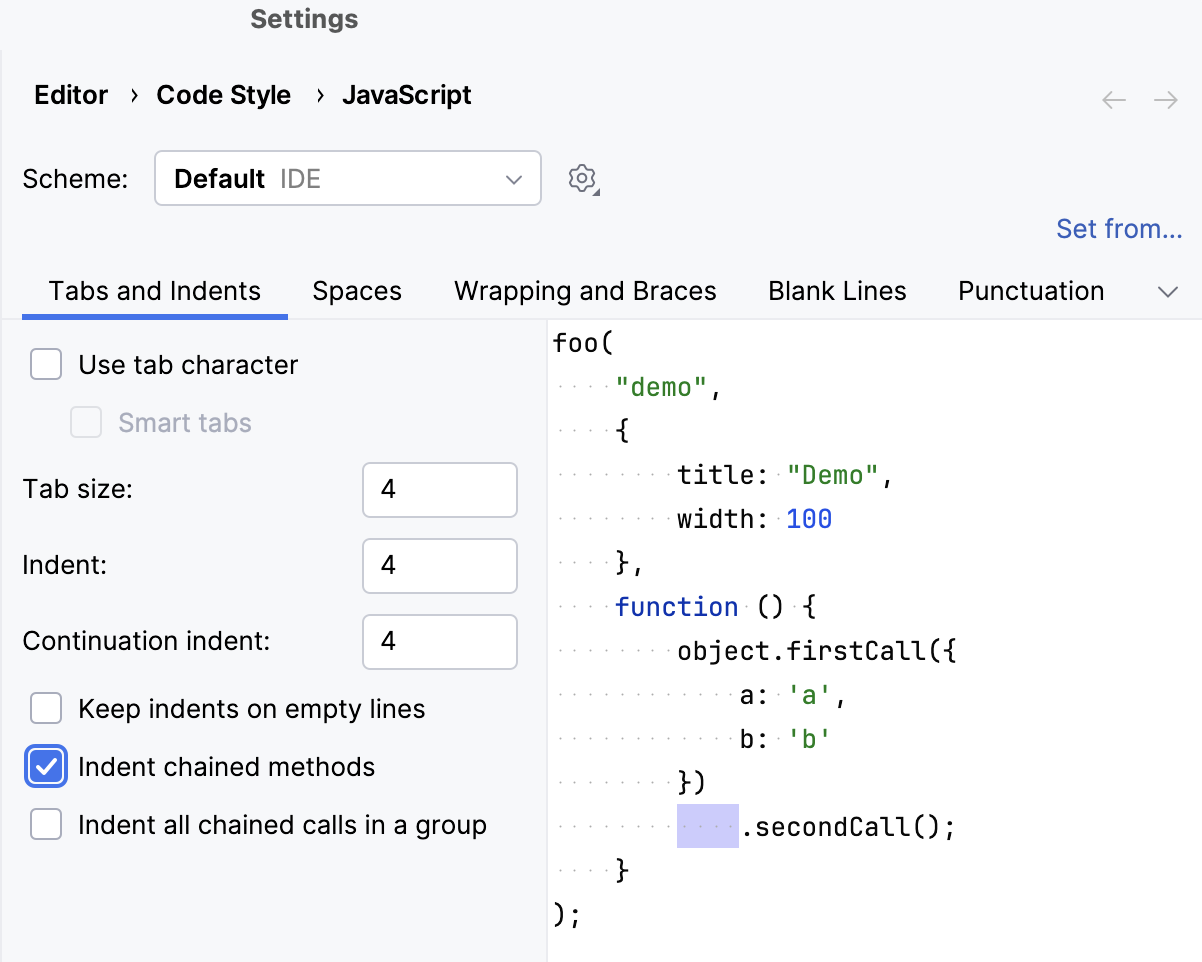 Indent all chained calls is off