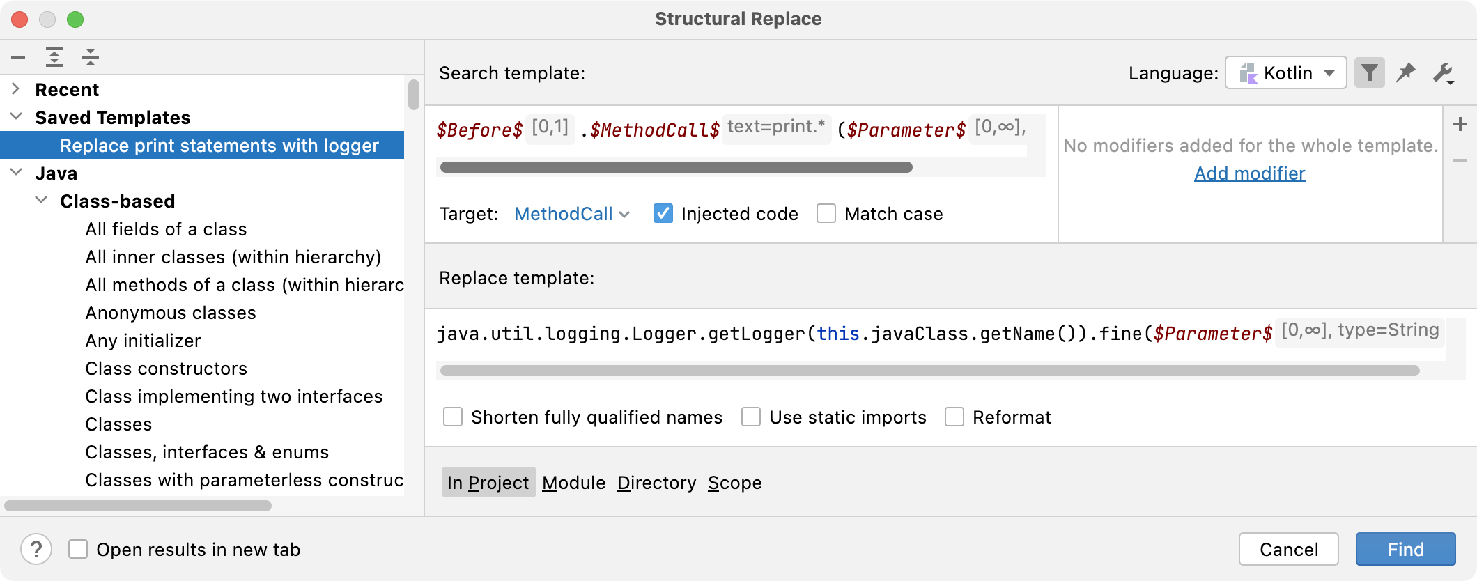 The list of user-defined templates