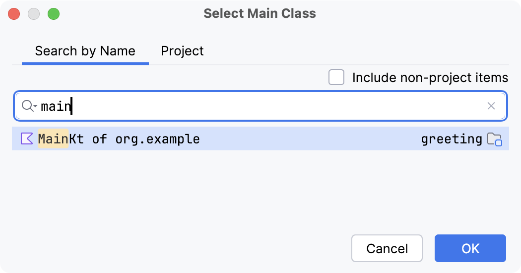 The Select Main Class dialog