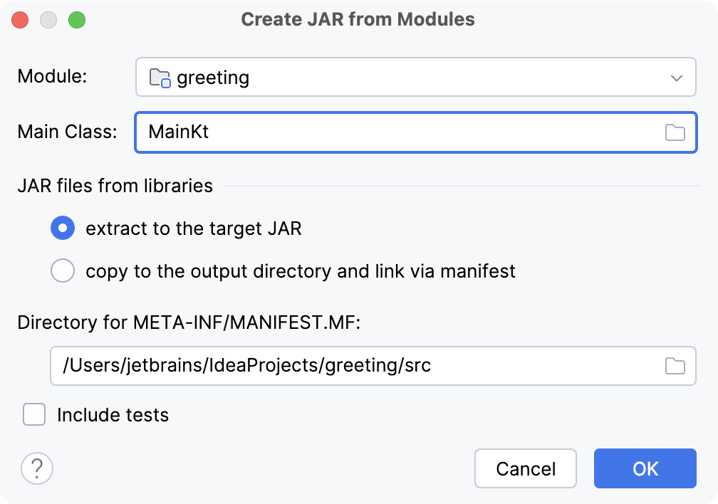 The Create JAR from Modules dialog