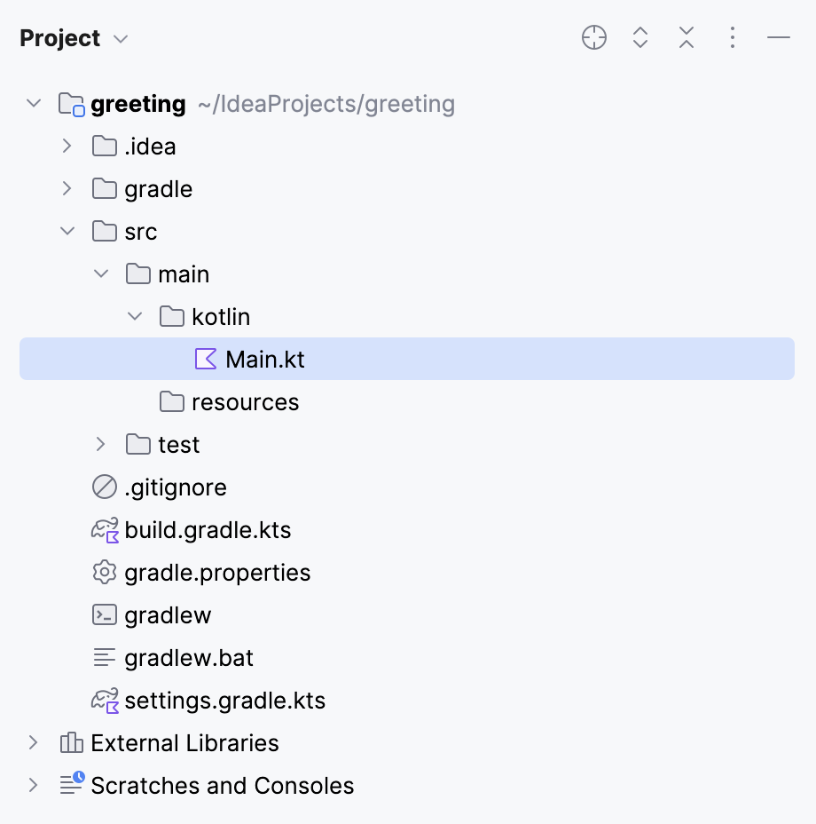 src/main/kotlin/main.kt in the Project tool window