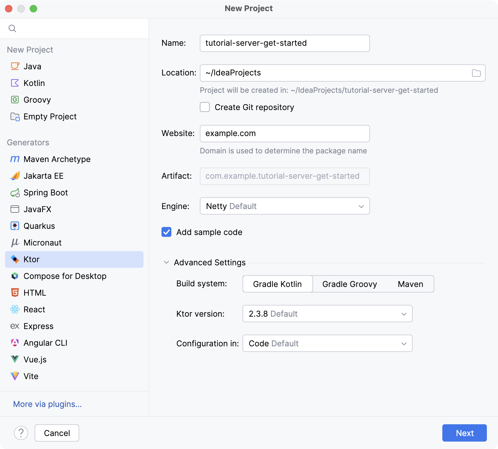 Ktor Project Settings