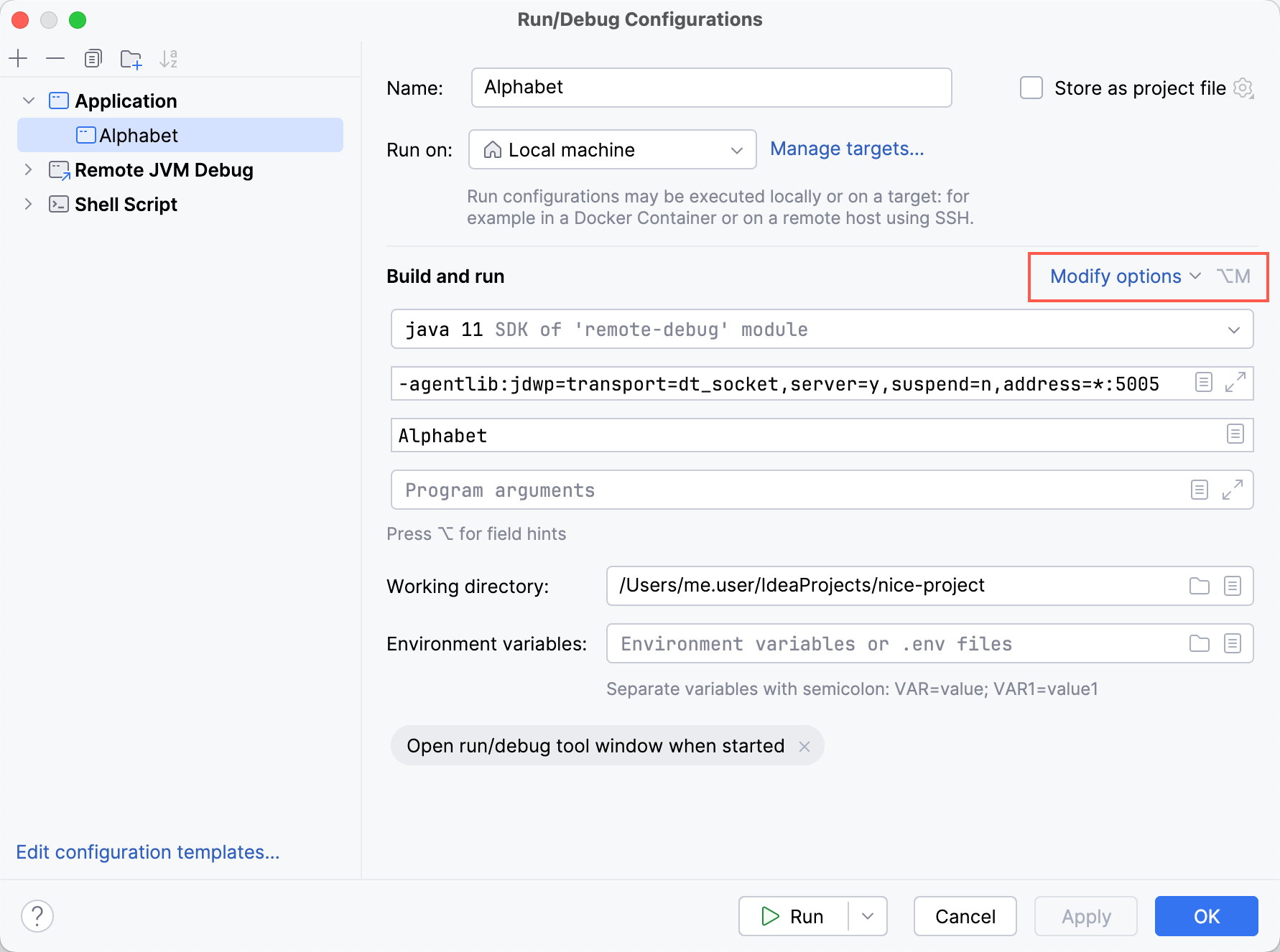 The 'Modify options' button in the 'Run/Debug Configurations' dialog