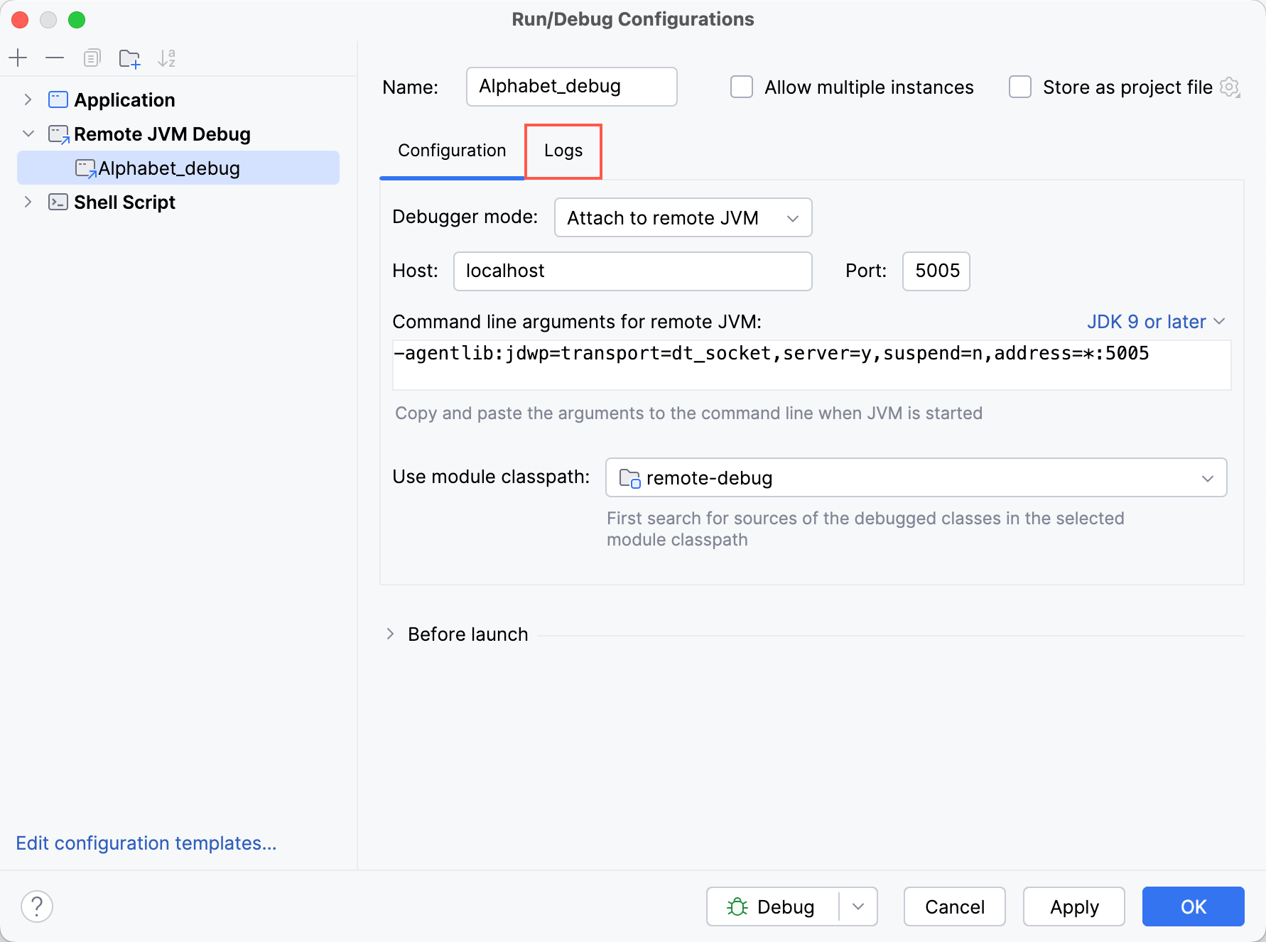 The 'Logs' tab in the 'Run/Debug Configurations' dialog