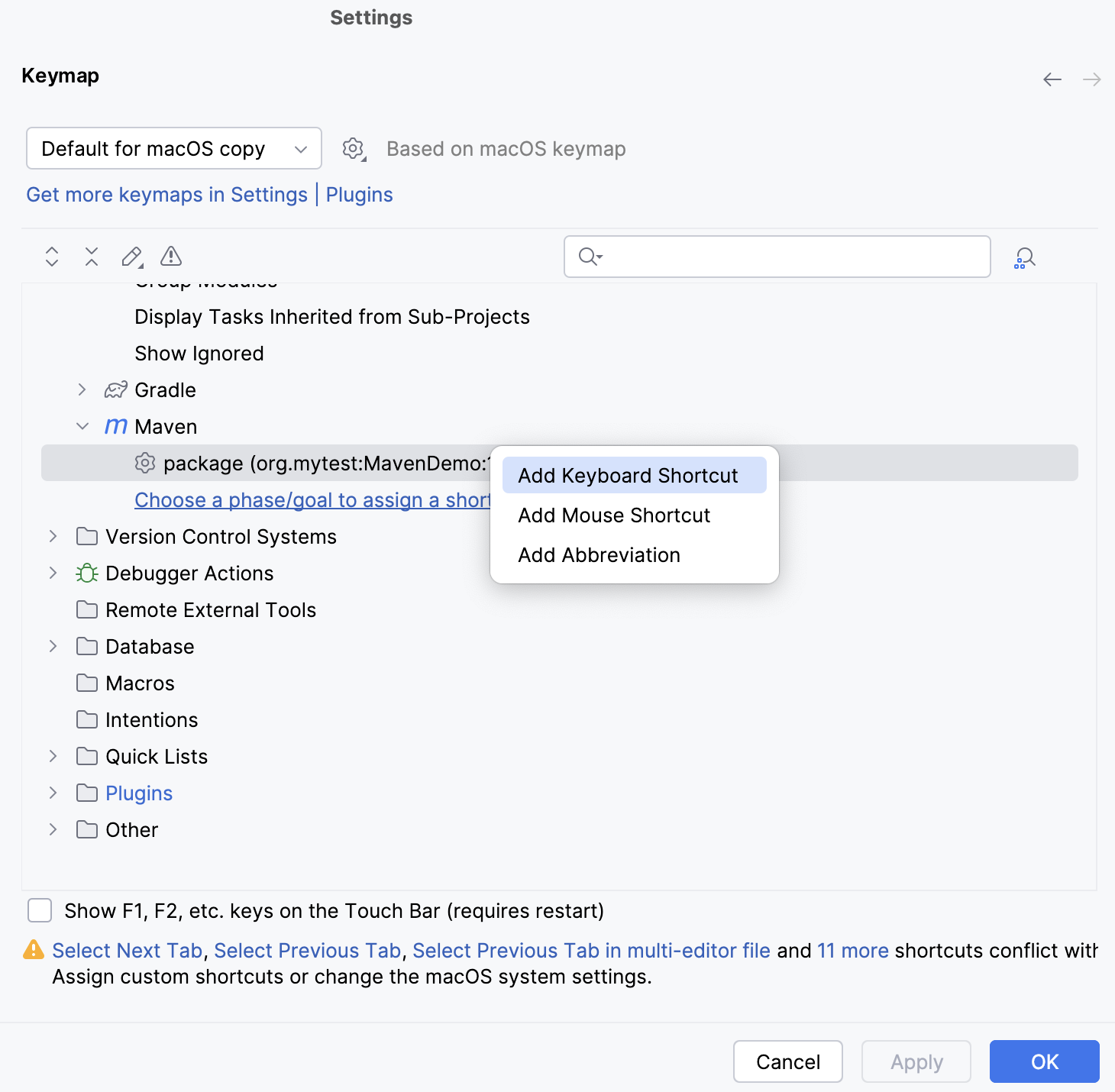 the Keymap dialog