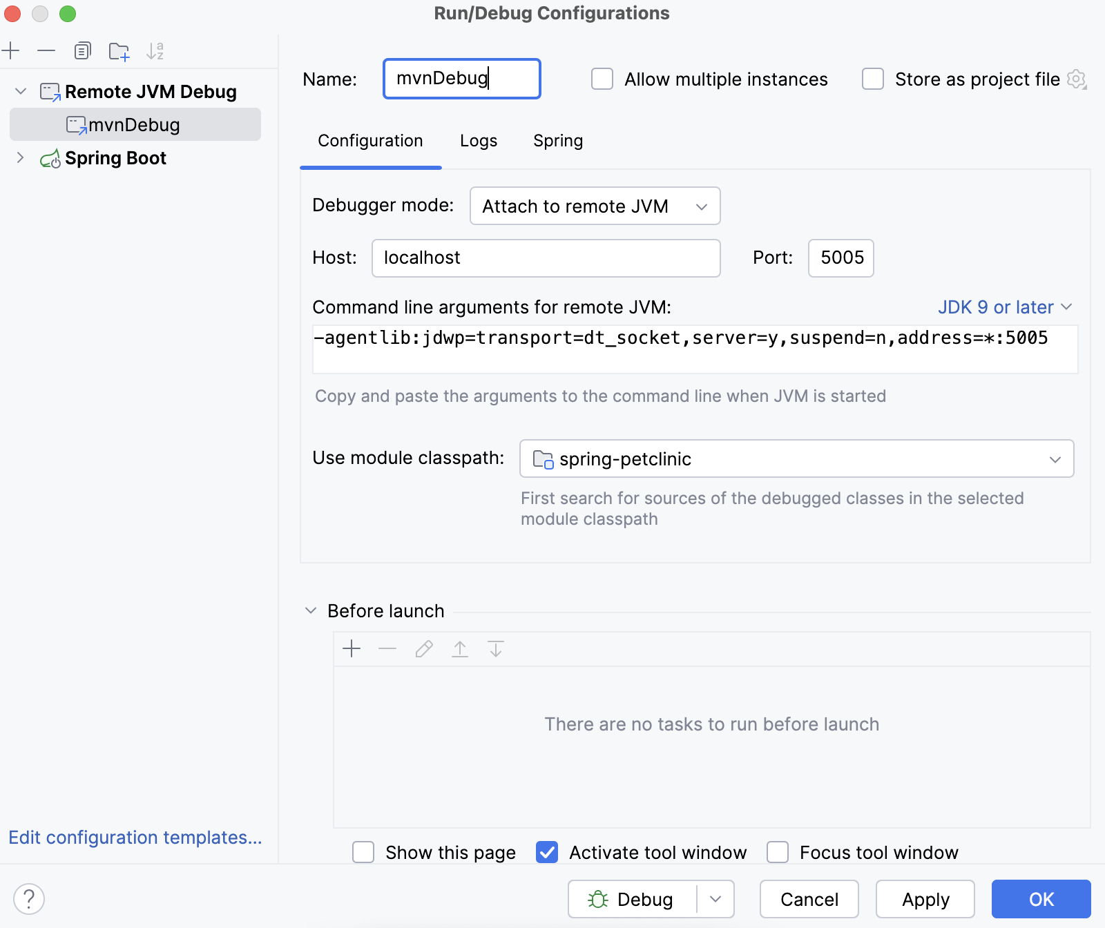 Debug configurations