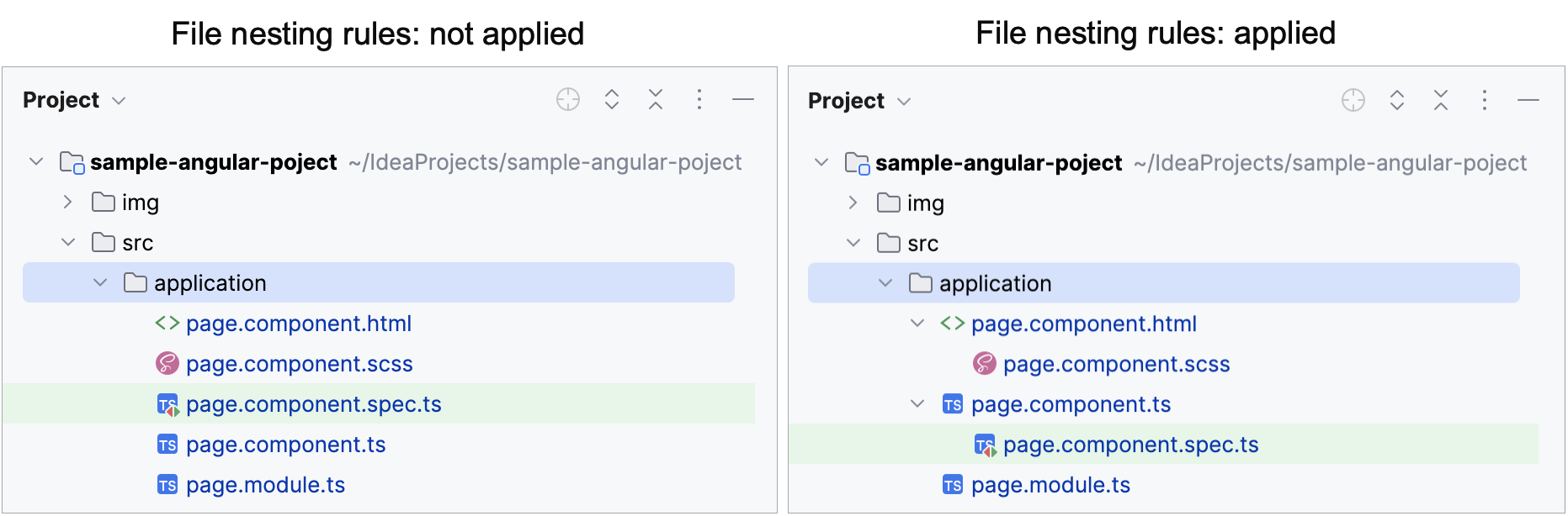 File nesting rules applied vs file nesting rules not applied