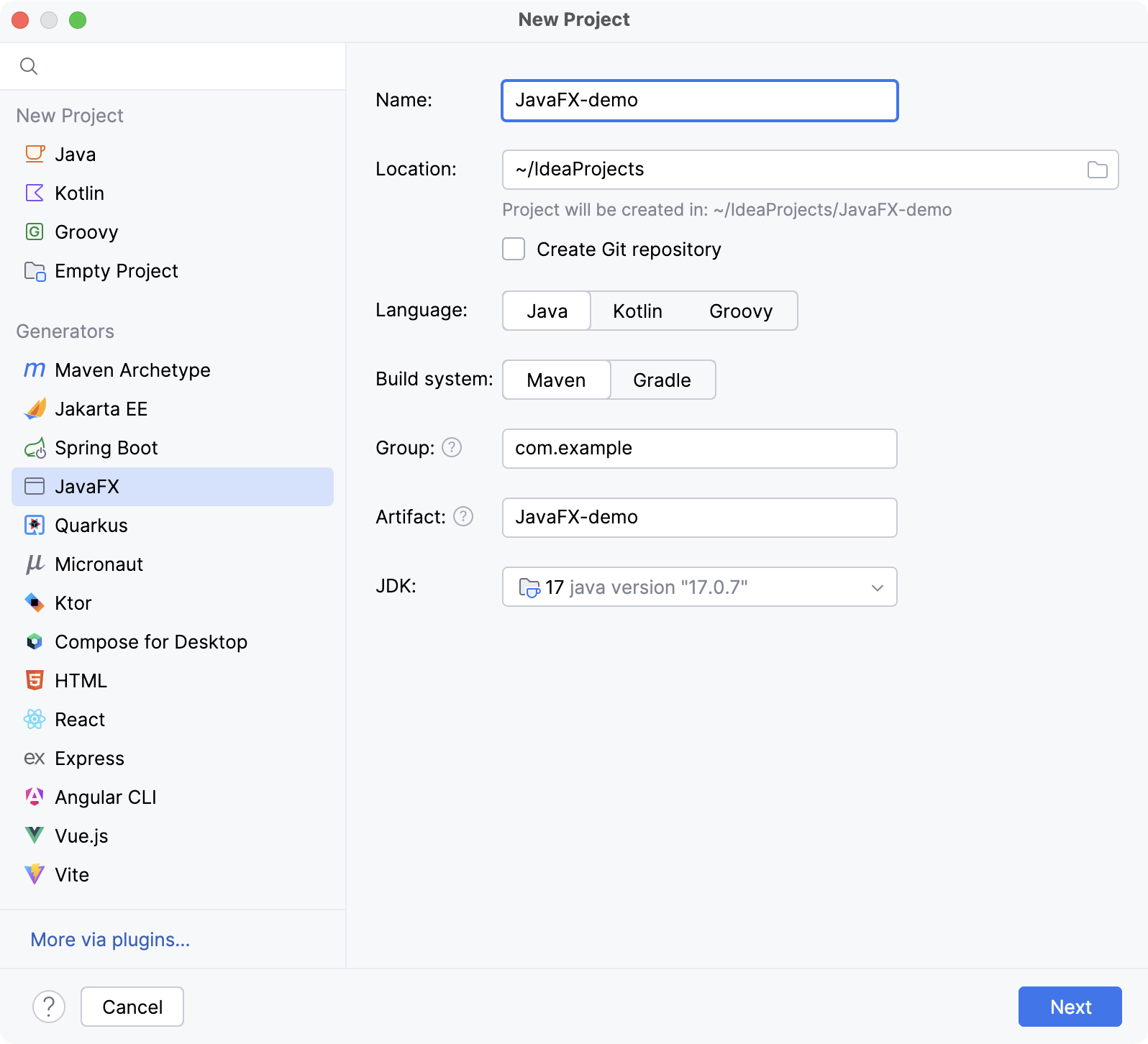 Creating a new JavaFX project