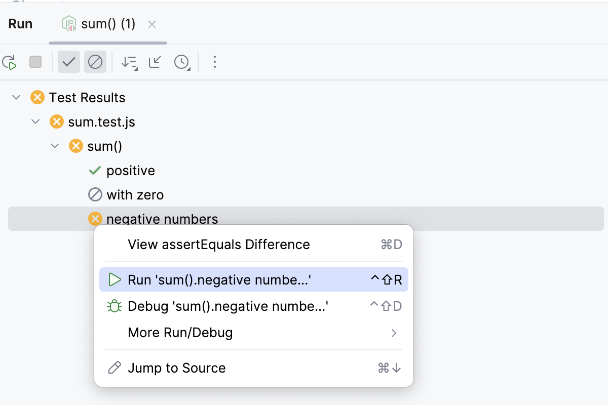 Rerun a single test from the Run tool window