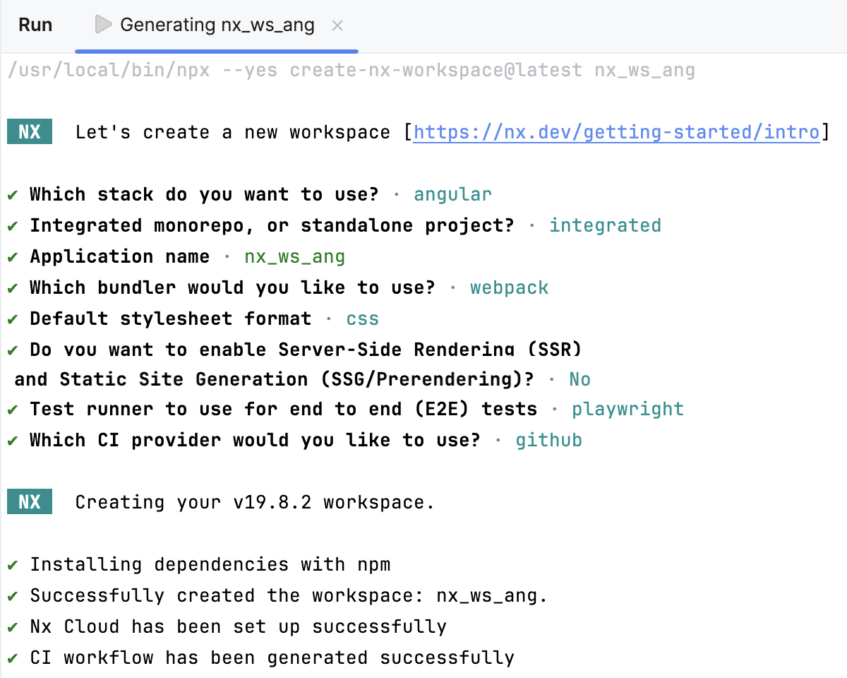Questions in the wizard answered. Nx workspace generation in progress